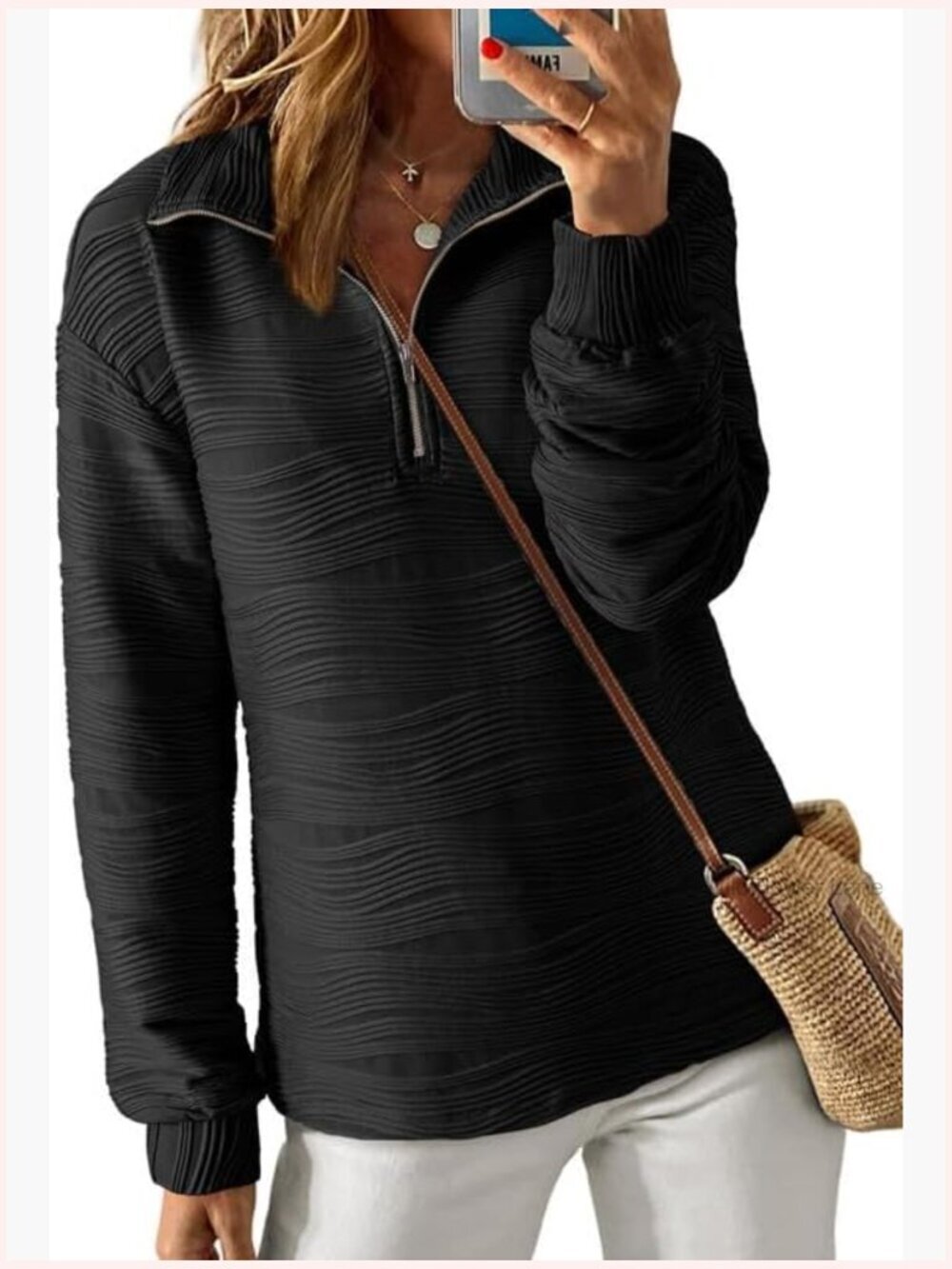 Casual Half Zip Long Sleeve Pullover Textured Sweatshirt Tunic Top